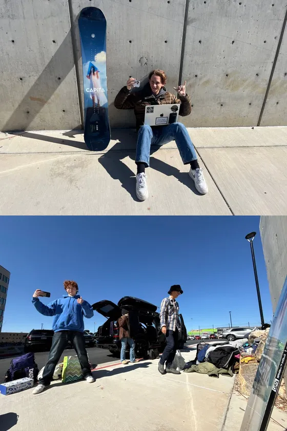 Tristan and Finn's Moment with a snowboard in Salt Lake City